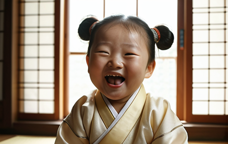 **

A warm, candid snapshot of a Korean baby during their "Doljanchi." The baby is laughing, surrounded by family in traditional Korean attire. Soft, natural light filters through a nearby window. Focus on capturing the joy and intimacy of the moment.

**