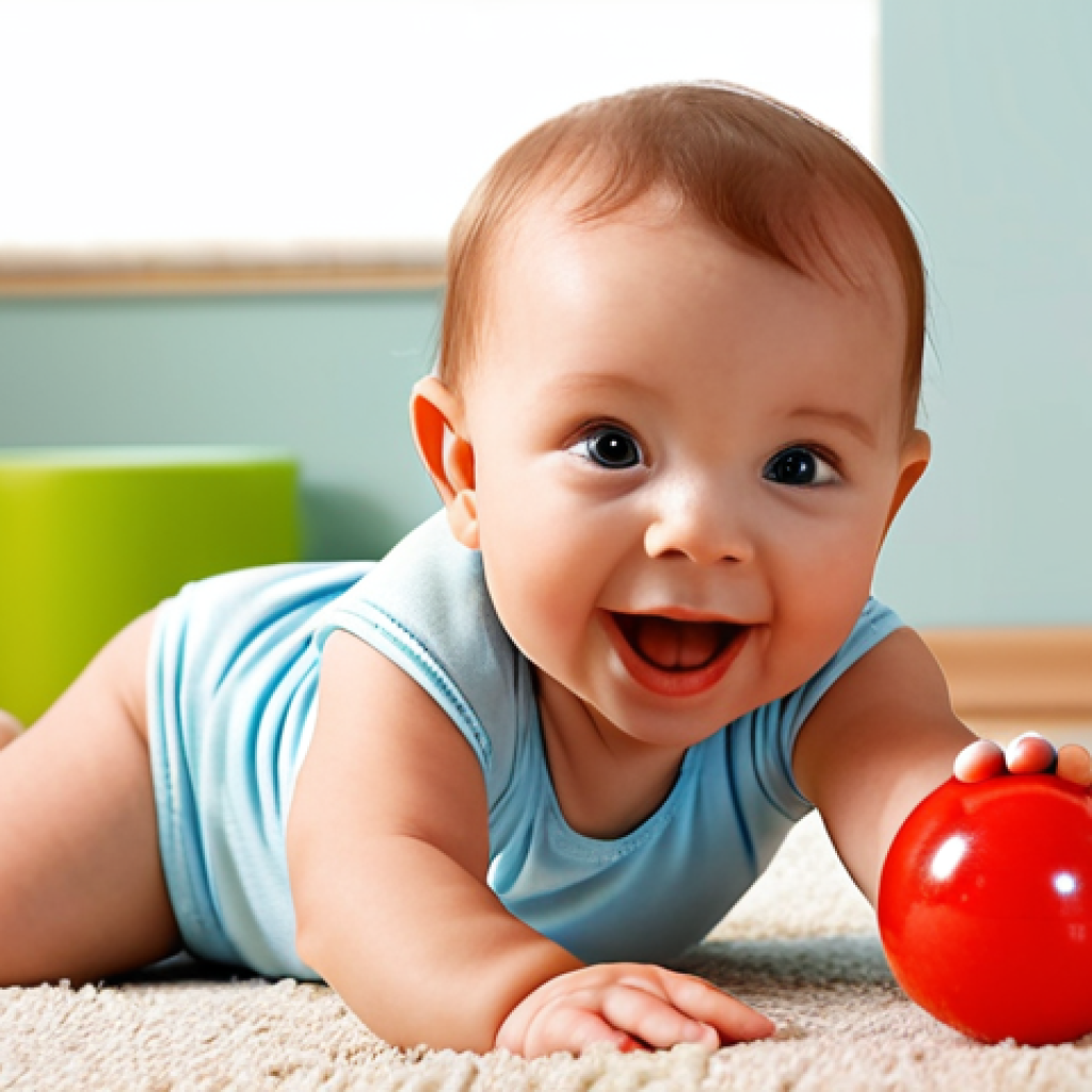 **

A bright, colorful image of a baby (6-9 months old) happily playing with an Oball. The baby is reaching for the ball with both hands, showing effort and joy. The background is soft and out of focus, suggesting a safe and comfortable play area. The image should convey a sense of early development and sensory exploration.

**