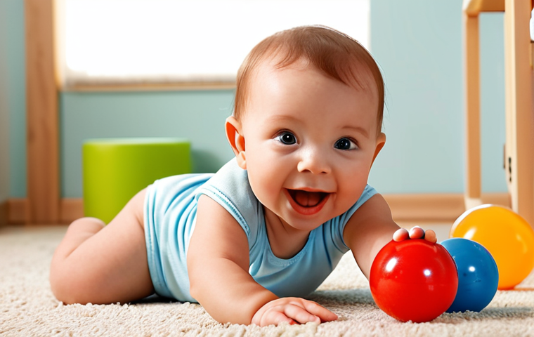 **

A bright, colorful image of a baby (6-9 months old) happily playing with an Oball. The baby is reaching for the ball with both hands, showing effort and joy. The background is soft and out of focus, suggesting a safe and comfortable play area. The image should convey a sense of early development and sensory exploration.

**