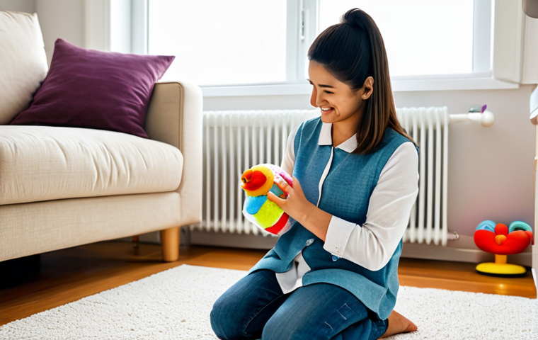 A caring mother, fully clothed in modest and comfortable attire, gently interacts with her baby in a brightly lit, clean living room. The baby, also fully clothed in appropriate attire, is playing happily with a colorful, safe toy. The mother is softly wiping another toy with a clean cloth, illustrating a daily hygiene routine. The room is tidy with neatly organized baby toys, creating a serene and safe environment. perfect anatomy, correct proportions, natural pose, well-formed hands, proper finger count, natural body proportions, professional photography, soft ambient lighting, warm and inviting atmosphere, high quality, safe for work, appropriate content, fully clothed, family-friendly.