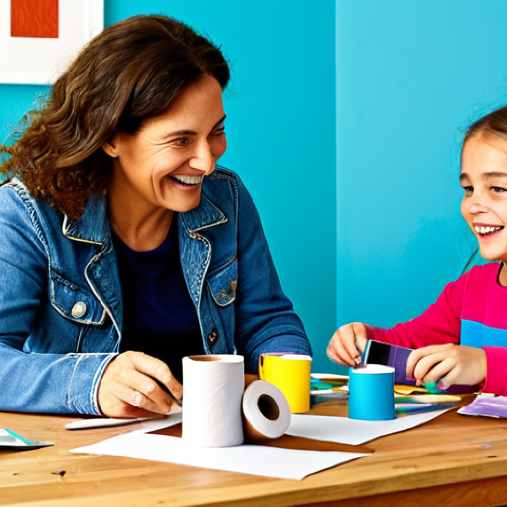 Recycled Art Fun**

"A family crafting together at a brightly lit table. The mother and daughter are smiling, creating art from recycled materials like toilet paper rolls, cardboard boxes, and colorful paper. The scene is cheerful and creative, emphasizing family time and environmental consciousness. fully clothed, safe for work, appropriate content, modest clothing, perfect anatomy, natural proportions, family-friendly, professional."

**