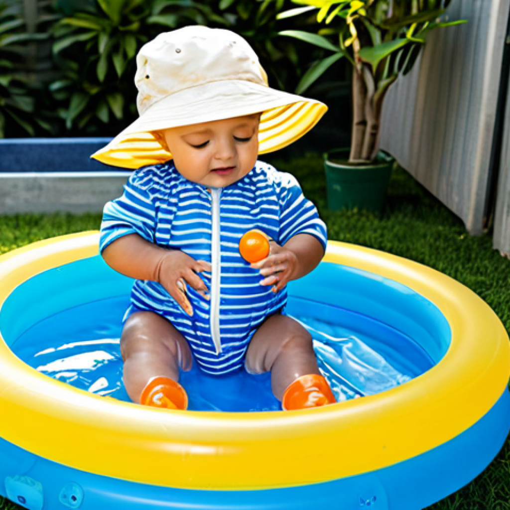 **

A baby in a fully clothed sunsuit, playing with bath toys in a small inflatable pool in a backyard setting. The baby is wearing a sun hat. The background includes a patio with potted plants. Safe for work, appropriate content, fully clothed, professional, perfect anatomy, correct proportions, well-formed hands, proper finger count, natural body proportions, family-friendly.

**