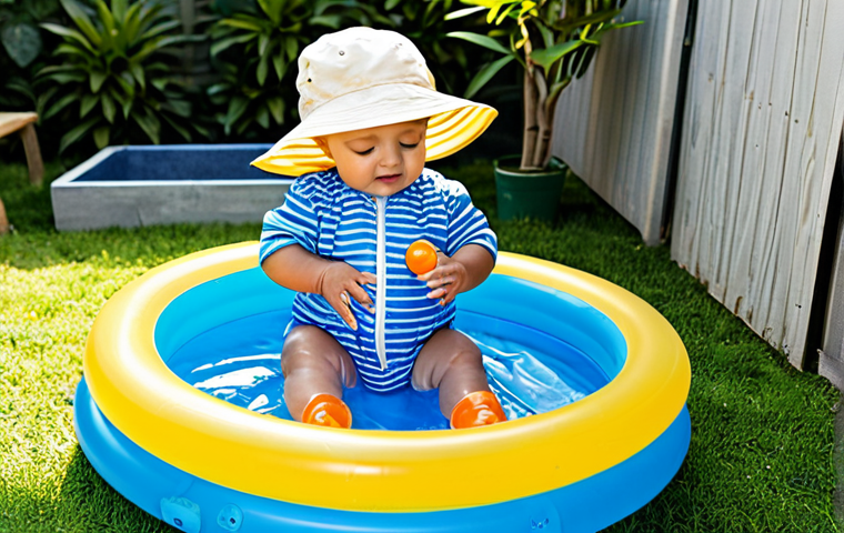 **

A baby in a fully clothed sunsuit, playing with bath toys in a small inflatable pool in a backyard setting. The baby is wearing a sun hat. The background includes a patio with potted plants. Safe for work, appropriate content, fully clothed, professional, perfect anatomy, correct proportions, well-formed hands, proper finger count, natural body proportions, family-friendly.

**