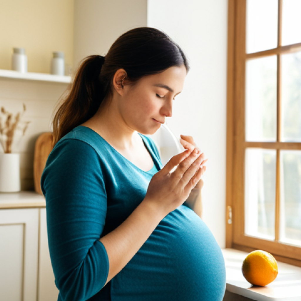 **

A pregnant woman, fully clothed in comfortable, modest clothing, gently smelling a citrus-scented aroma oil on a handkerchief. She is in a bright, sunlit room with a diffuser emitting a soft mist in the background. The scene is peaceful and relaxing. Safe for work, appropriate content, professional, modest, perfect anatomy, natural proportions, well-formed hands, proper finger count.

**