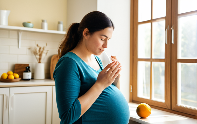 **

A pregnant woman, fully clothed in comfortable, modest clothing, gently smelling a citrus-scented aroma oil on a handkerchief. She is in a bright, sunlit room with a diffuser emitting a soft mist in the background. The scene is peaceful and relaxing. Safe for work, appropriate content, professional, modest, perfect anatomy, natural proportions, well-formed hands, proper finger count.

**
