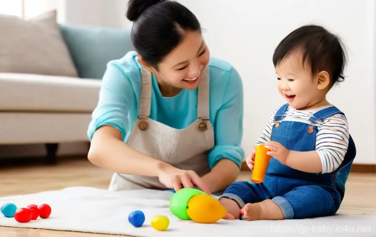 아기 리듬감 키우기 - **"Homemade Rhythm Fun"**
    A bright and cozy indoor setting, possibly a living room, filled with ...