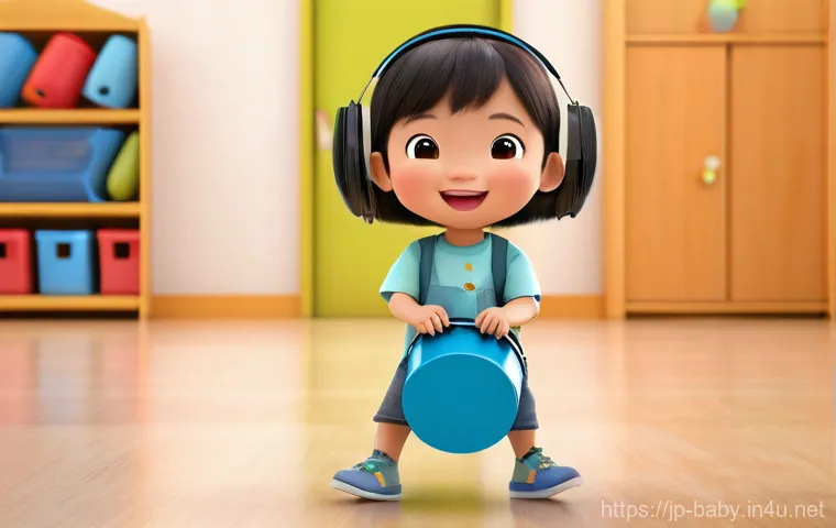 아기 리듬감 키우기 - **"Joyful Song and Movement"**
    A vibrant, sunlit playroom or children's activity space. A happy ...