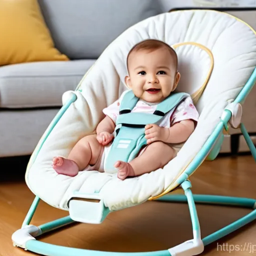 아기 흔들침대 안전성 - A cheerful baby, approximately 4-6 months old, wearing a clean, pastel-colored onesie and a diaper, ...
