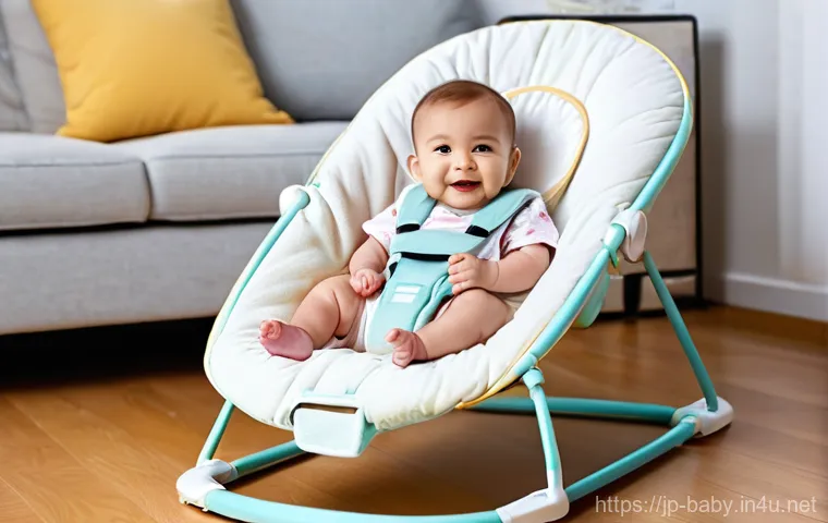 아기 흔들침대 안전성 - A cheerful baby, approximately 4-6 months old, wearing a clean, pastel-colored onesie and a diaper, ...