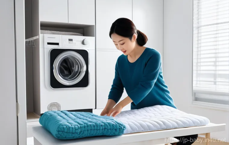 아기 이불 빨래 관리법 - A kind and gentle Japanese mother in her late 20s to early 30s is focused on spot-cleaning a small s...