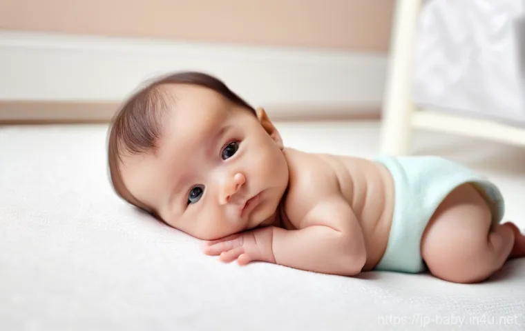 아기 설사 원인과 대처법 - A super cute baby, wearing a pristine, soft white disposable diaper that covers them completely, lie...