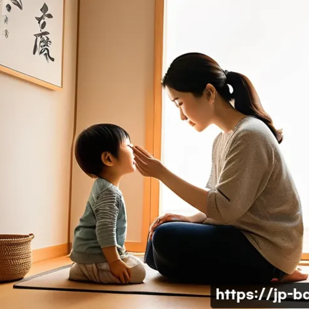 아이들과의 갈등 해결법 - A warm and cozy Japanese family living room scene showing a mother attentively listening to her youn...