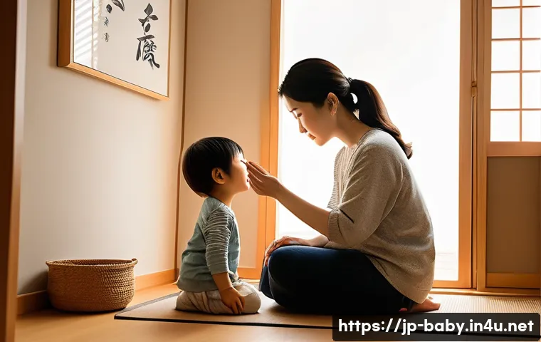 아이들과의 갈등 해결법 - A warm and cozy Japanese family living room scene showing a mother attentively listening to her youn...