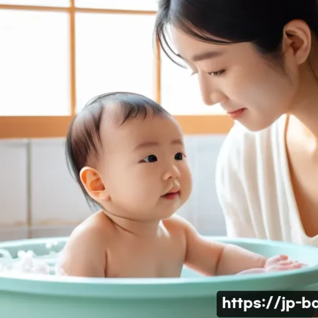 아기 머리카락 관리법 - A tender scene of a Japanese mother gently washing her infant’s scalp in a softly lit bathroom, usin...
