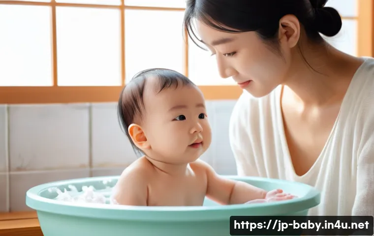 아기 머리카락 관리법 - A tender scene of a Japanese mother gently washing her infant’s scalp in a softly lit bathroom, usin...