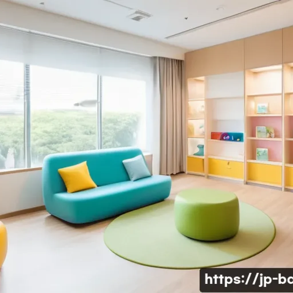 아기 병원 고르는 방법 - A modern pediatric clinic interior in Japan, featuring a clean, bright waiting area with soft pastel...