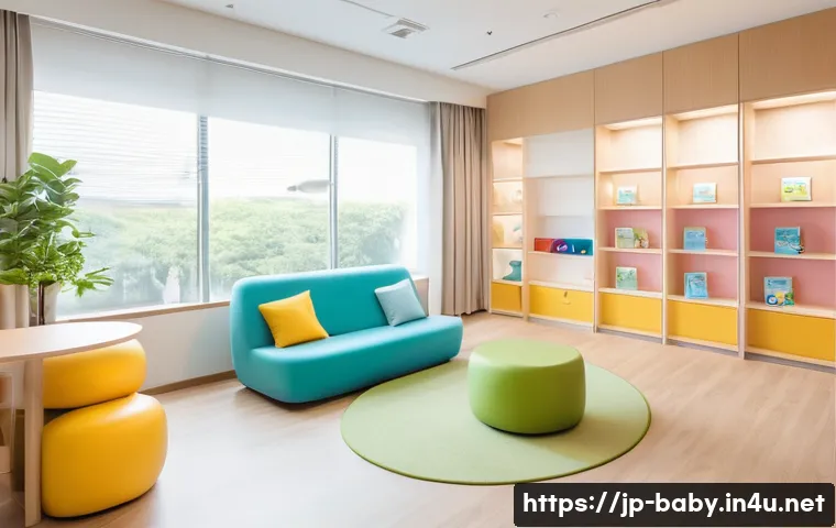 아기 병원 고르는 방법 - A modern pediatric clinic interior in Japan, featuring a clean, bright waiting area with soft pastel...