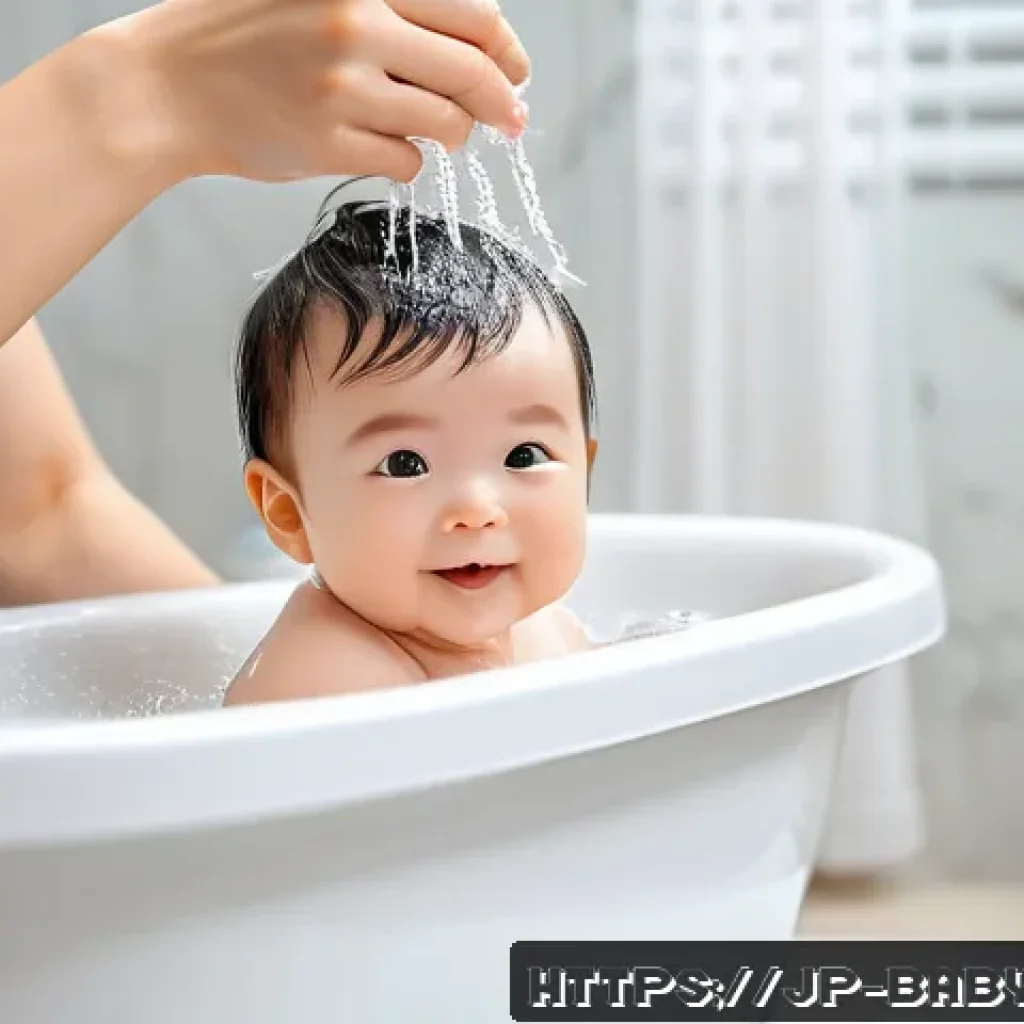 아기 머리 감기는 법 - A gentle and calm baby bathing scene in a modern Japanese bathroom, showing a parent softly washing ...