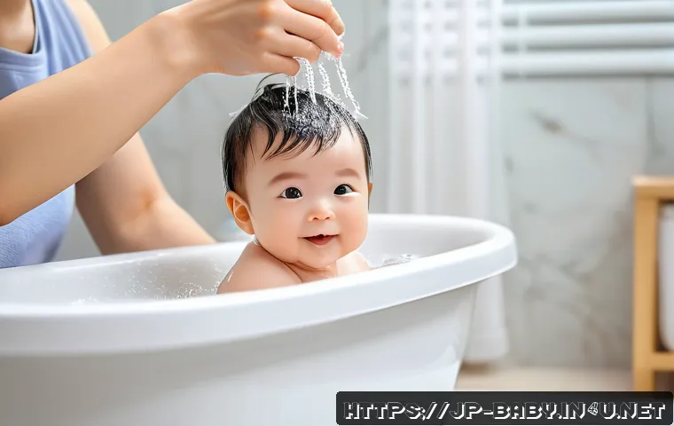 아기 머리 감기는 법 - A gentle and calm baby bathing scene in a modern Japanese bathroom, showing a parent softly washing ...