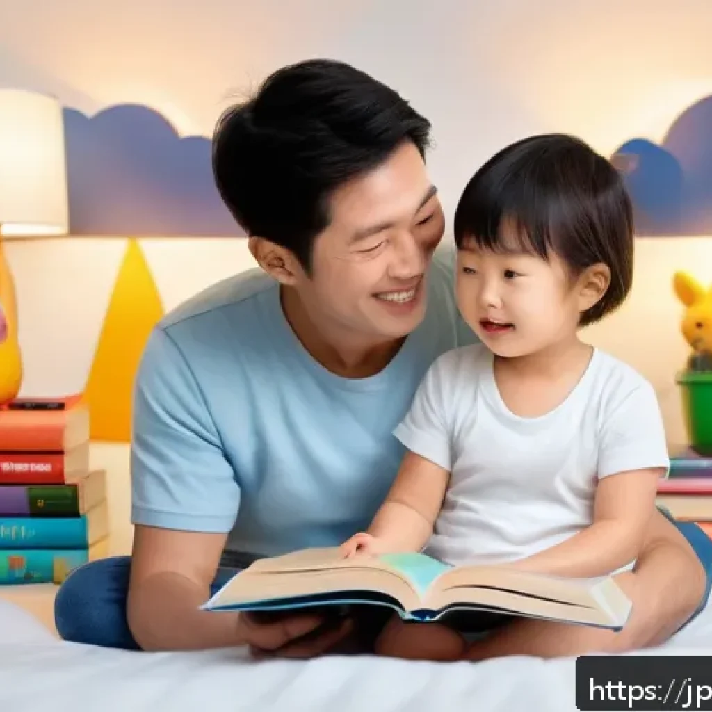 아이와 함께하는 그림책 읽기 - A cozy Japanese family scene in a softly lit bedroom during bedtime reading, featuring a parent and ...