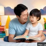 아이와 함께하는 그림책 읽기 - A cozy Japanese family scene in a softly lit bedroom during bedtime reading, featuring a parent and ...