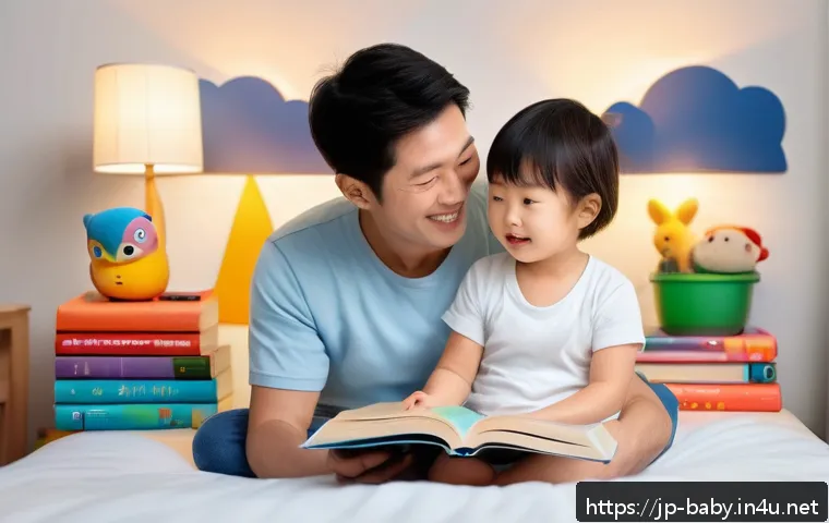 아이와 함께하는 그림책 읽기 - A cozy Japanese family scene in a softly lit bedroom during bedtime reading, featuring a parent and ...