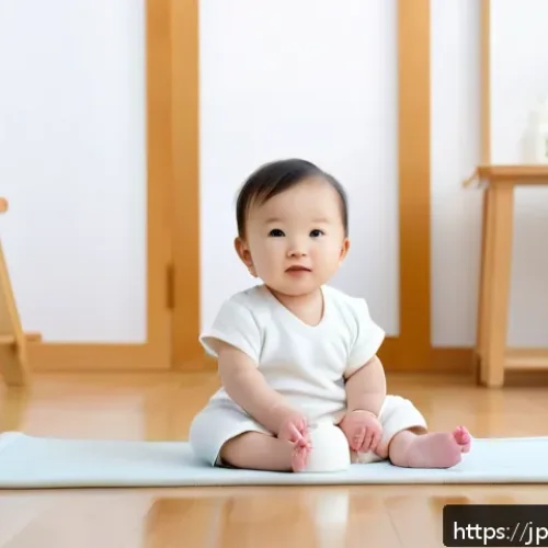 아기 기저귀 발진 예방 - A peaceful nursery scene featuring a Japanese baby wearing a soft, breathable cotton diaper with vis...