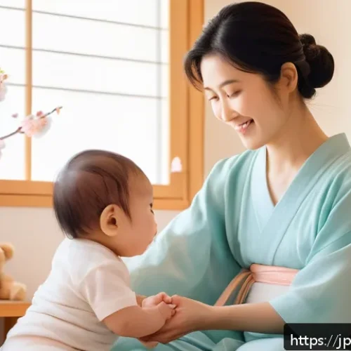 아기 손동작 노래 추천 - A tender scene of a Japanese mother and her baby boy wearing a diaper, sitting in a softly lit nurse...