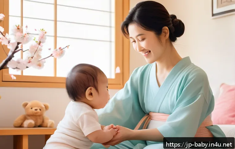 아기 손동작 노래 추천 - A tender scene of a Japanese mother and her baby boy wearing a diaper, sitting in a softly lit nurse...