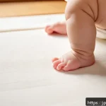 아기 신발 사이즈 측정법 - A detailed and warm scene of a Japanese baby sitting on a soft tatami mat indoors, wearing a clean w...