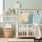 아기 옷 세탁 방법 - A cozy, softly lit nursery scene featuring a baby wearing a clean, delicate cotton onesie with a vis...