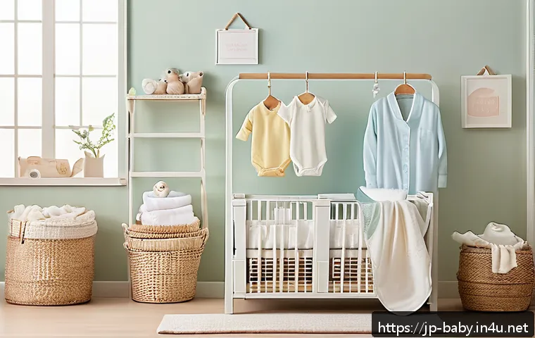 아기 옷 세탁 방법 - A cozy, softly lit nursery scene featuring a baby wearing a clean, delicate cotton onesie with a vis...