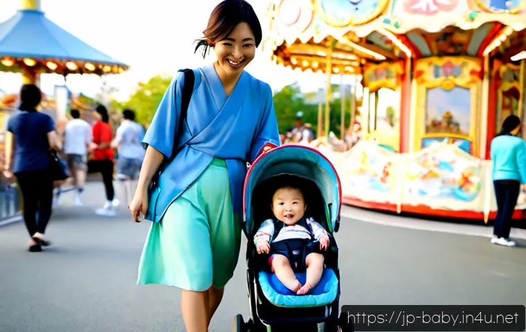 아기와 놀이공원 나들이 - Photorealistic family day at a Japanese-style amusement park, smiling parent pushing a stroller with...
