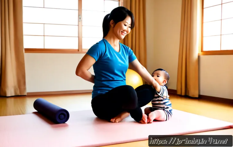 아기와 함께 하는 요가 - Photorealistic warm morning scene in a tidy Japanese-style living room, a smiling mother in modest a...