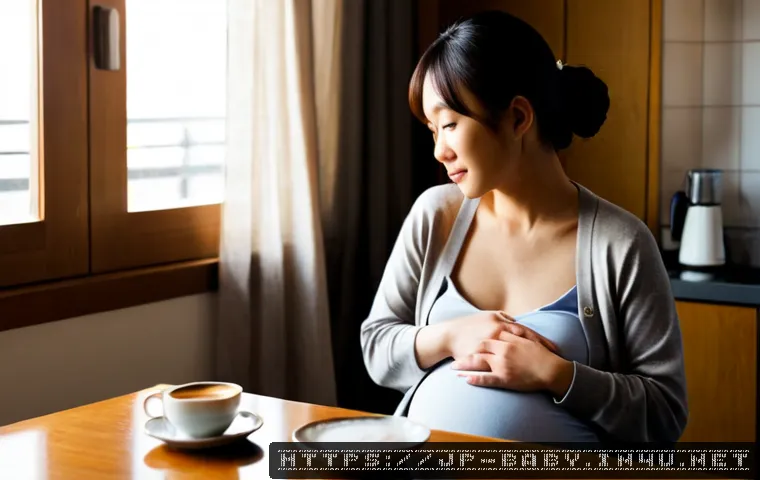 임신 중 커피 섭취 - Photorealistic lifestyle scene of a pregnant Japanese woman in her third trimester sitting at a sunl...