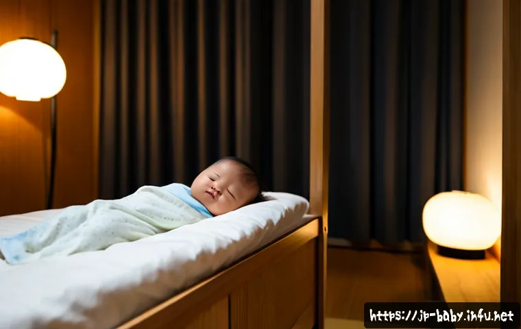 아기 수면 패턴 잡기 - Photorealistic Japanese family nursery at early evening, a peaceful baby wearing a soft diaper aslee...