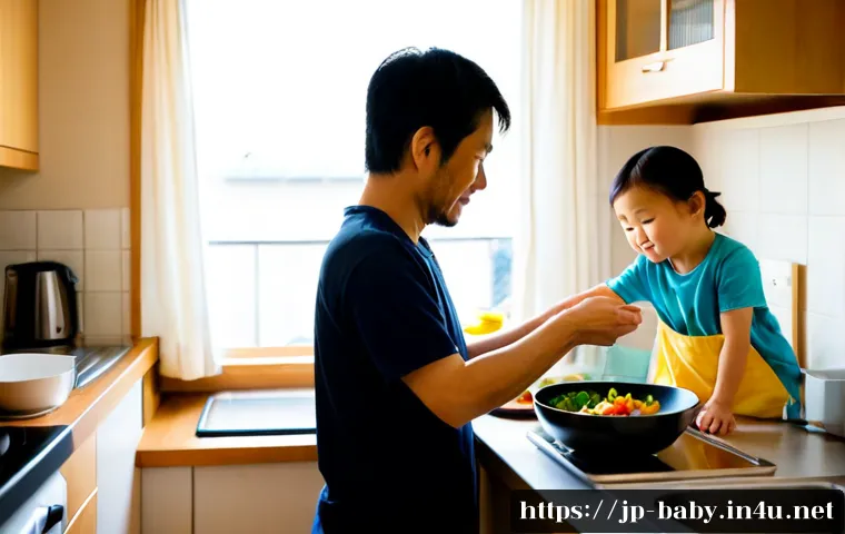 아빠 육아 참여 꿀팁 - Photorealistic Japanese father gently preparing a healthy meal while his toddler plays safely beside...